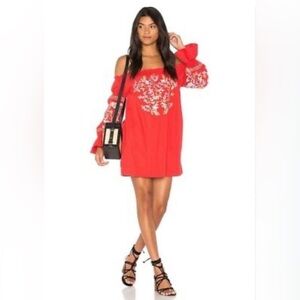 FREE PEOPLE Red Fleur Du Jour Embroidered Mini Shift Cotton Twill - SZ M